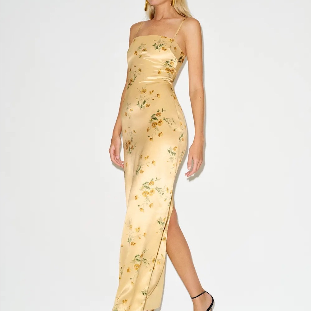 Reformation Yellow Floral Satin Slip Maxi Dress